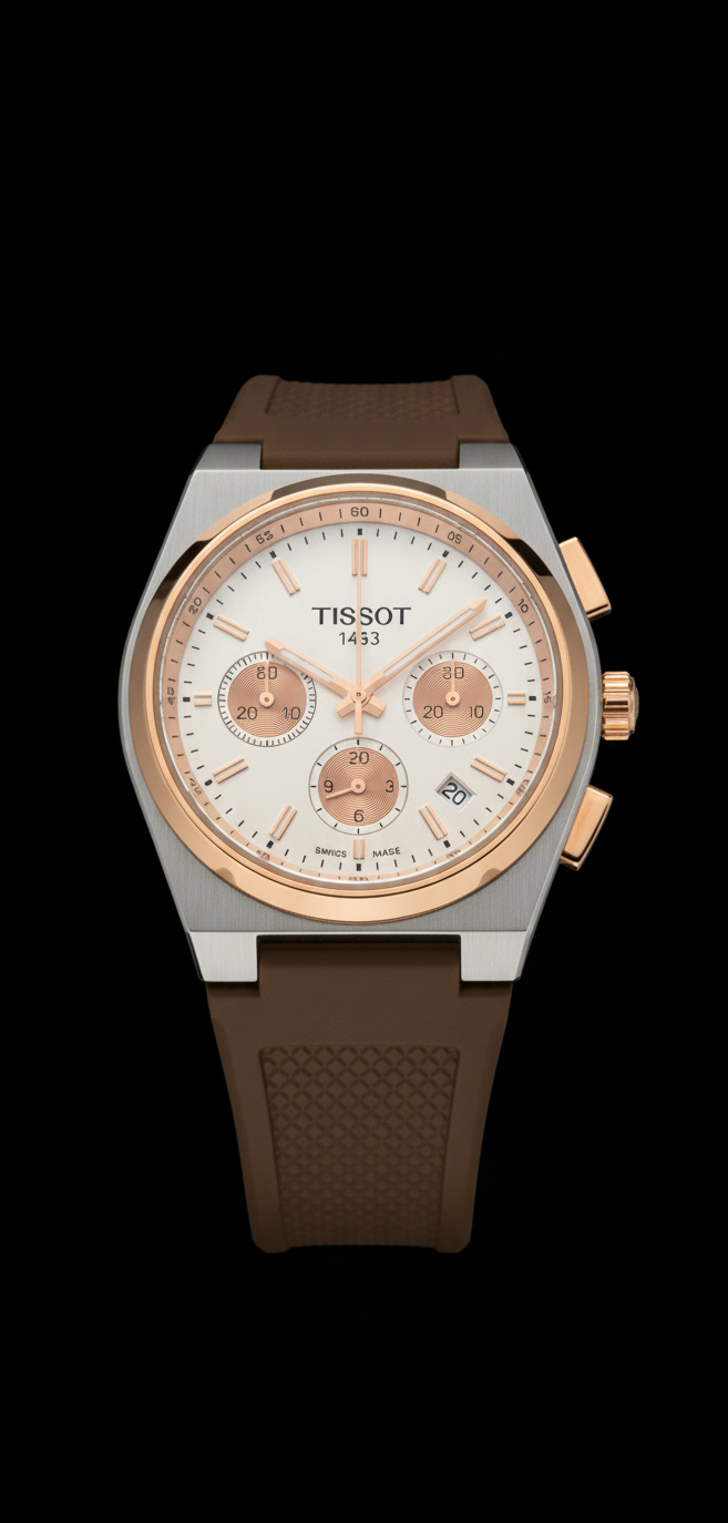 Tissot watch with brown strap and rose gold accents on a black background