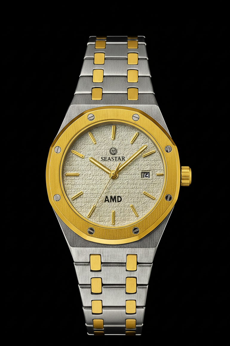 Gold and silver watch with Seastar brand on a black background