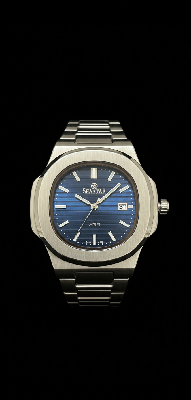 Luxury watch with blue dial and silver case on a black background