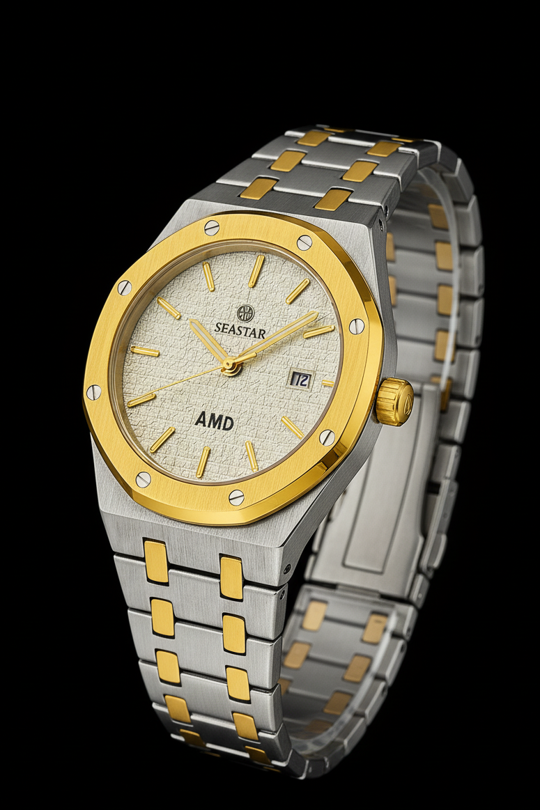 Silver and gold watch with Seastar brand on a black background
