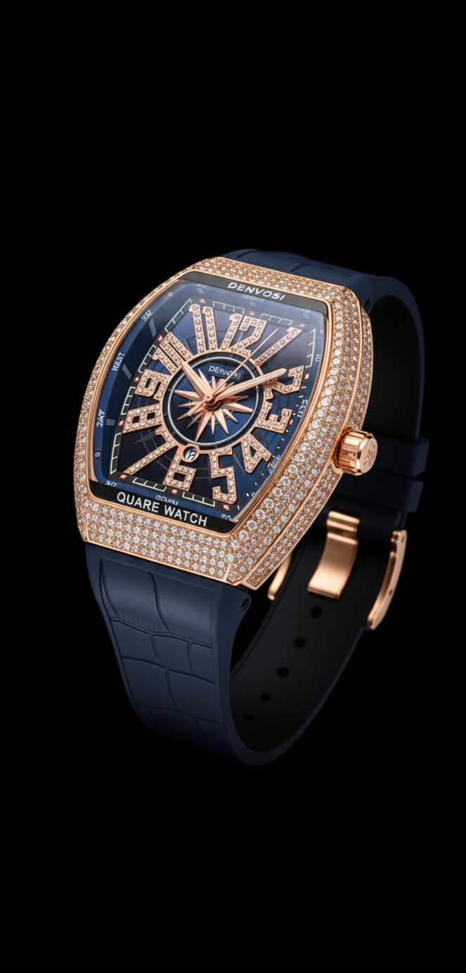 Luxury watch with blue strap and rose gold case on black background