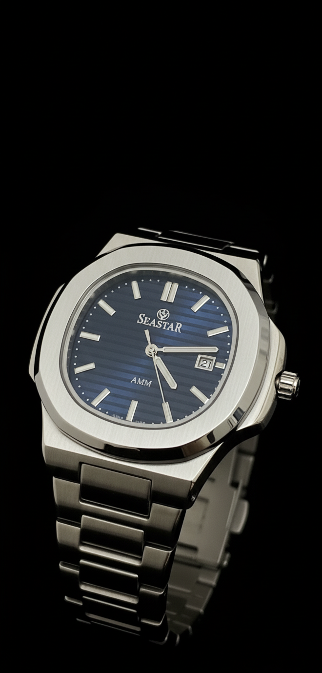 Silver watch with blue dial on a black background