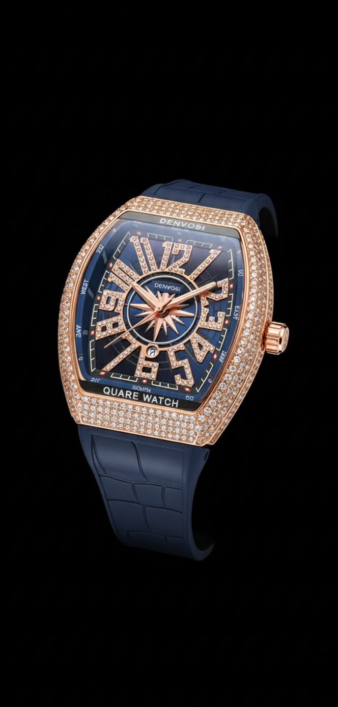 Luxury watch with blue strap and rose gold case on black background